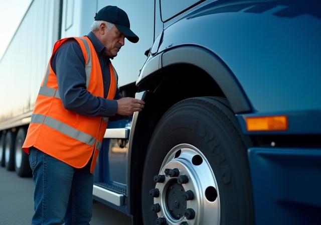 Professional PHK Trucking driver performing a multi-point safety inspection on a modern semi-truck