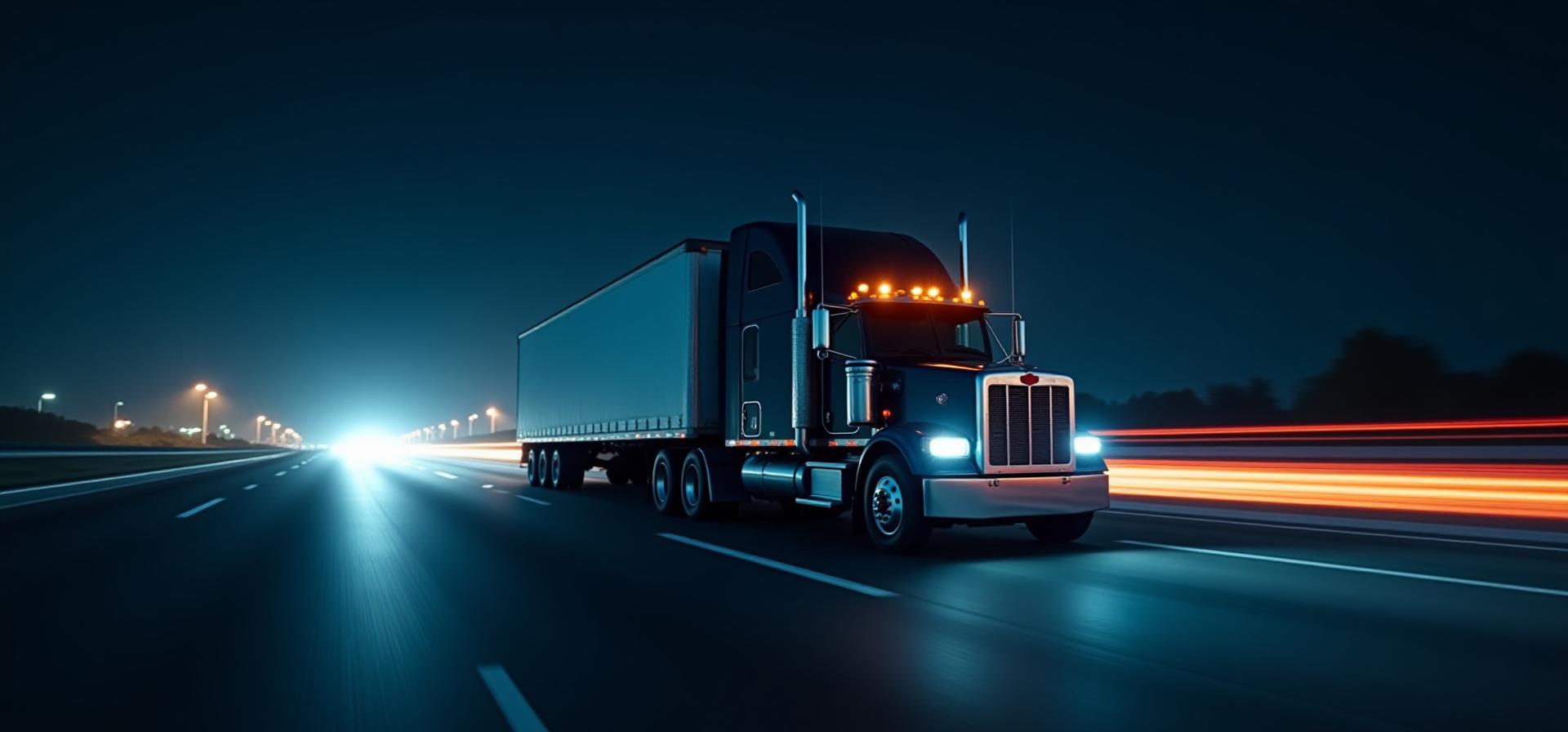 Expedited PHK truck moving rapidly at night with light trails