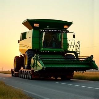 Oversized combine harvester on a step-deck trailer