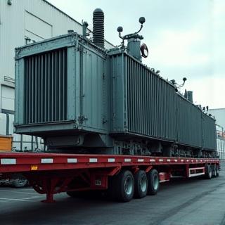 Large electrical transformer on a heavy duty trailer