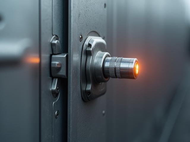 Close up of an advanced electronic security seal and locking mechanism on a white climate-controlled trailer.