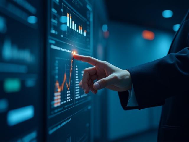Logistics expert analyzing high-tech supply chain data on a digital screen in a modern logistics hub