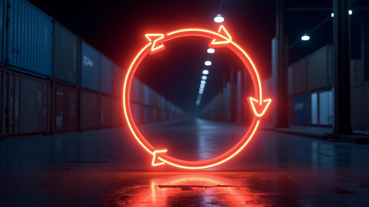 Abstract concept of reverse logistics showing a continuous loop of supply chain efficiency in a dark modern setting